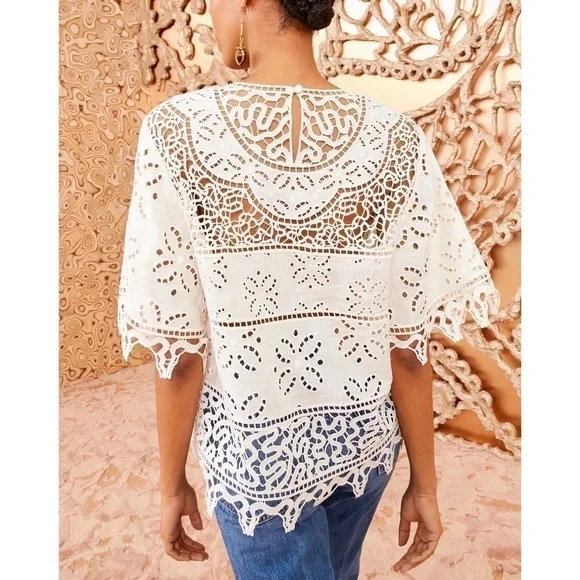 Ulla Johnson White Short-Sleeve Floral Lace Aria Eyelet Blouse